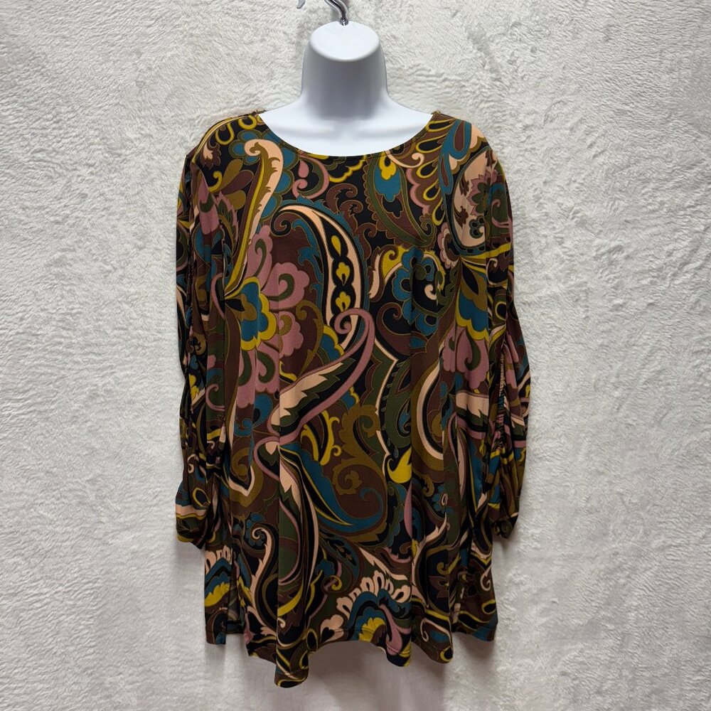 Susan Graver Paisley Tunic Top Womens 1X Multicolor Keyhole Back Ruched Sleeve